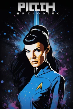 Pitch black background - multicolor splatter painting - 30-year-old Wendy Wendison, who resembles Spock, with long, straight black hair, deep cobalt blue eyes, wearing a long-sleeved, blue, slit, mini dress with a plunging neckline and a star trek upside down V-shaped communicator badge on the left side of the chest