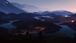 Stylized image of a forest, near a serene lake and mountains in the background at sunrise