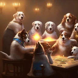 four dogs playing Magic The Gathering