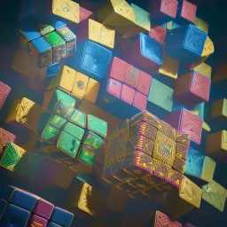 kente scene, thread, Rubik's cube, melt floor, embroidery, octane render, high detail