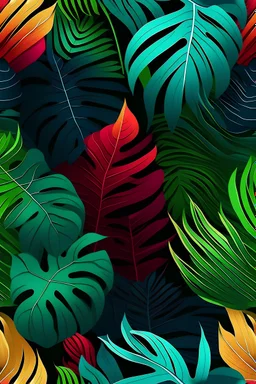 A seamless tropical leaf background pattern with rich saturated colours, high contrast, photo-realistic style illustration
