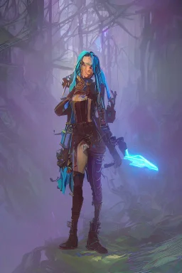 standing steampunk elf with blue hair in a neon dystopian forest