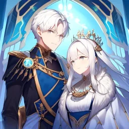 Twins, boy and girl, white hair, silver eyes, royal hall background