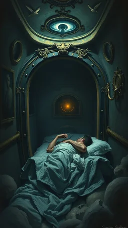Man spends a sleepless night inside a dark submarine in a delusional state , paint it in the baroque style, as if the man is horrified