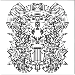 outline art for square lion tiki totem coloring page for kids, classic manga style, anime style, realistic modern cartoon style, white background, sketch style, only use outline, clean line art, no shadows, clear and well outlined