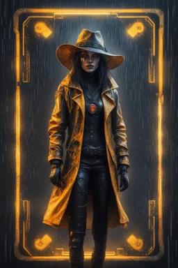 sacred geometry framed playing card, black, yellow and orange neon cyber punk dancer thief in soaked rain coat and cowboy witch hat shadows boss card in the style of Giger and fallout 4 ,,bokeh like f/0.8, tilt-shift lens 8k, high detail, smooth render, down-light, unreal engine