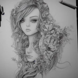 pencil sketch, hyper detailed, black and white, thick line, high details, line art, Beautiful woman