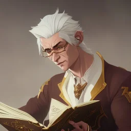 full body shot of calm elf with white hair in brown suit reading a pompous book, fantasy character