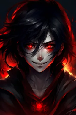 Rambut hitam, mata merah, aura hitam dasyhat, latar belakang tempat dewa,menyembunyikan marah, ekspresi senyum,