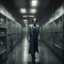 Hyper Realistic Dr Jaykill Mr. Hyde in a huge hallway of a dark chemical laboratory at night