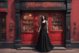Photorealistic image of a slender, young woman with dark hair, in a witchy, black dress, no hat, leaning back against a shop door with red-painted, large, multi-paned windows on either side of a red-painted multi-paned door. Walls made of brick. The shop is selling magic gifts and trinkets. Large sign over the door.