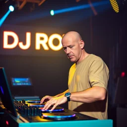 A dj on a night rave club standing mixing songs , he looks like the actor Bryan Cranston, bald man. strobes and blue yellow light, a big sign with "DJ ROY" in the background, this is a album cover for his DJ ROY "analisentials" album.