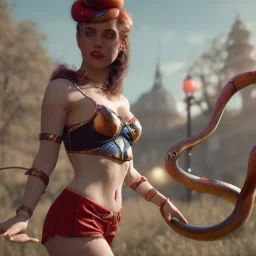 Ultra realistic circus scene. Classic dancer woman with snake, waist up view, Wes Anderson style, happy, bubbles, highly detailed, concept art, unreal engine 5, god rays, ray tracing, RTX, lumen lighting, ultra detail, volumetric lighting, 3d, finely drawn, high definition, high resolution.