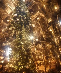 Christmas tree inside futuristic steampunk space ship