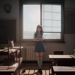 Study girl in classroom by the window ,movie, real photo realistic, unreal engine, cinematic lighting --ar 1:1 creative