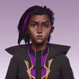 Portrait of a black 10 year old girl warlock with black curly hair