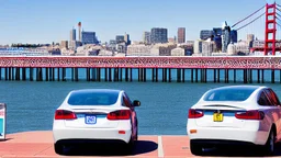 A Tesla's 'Model S Plaid' is parked, over the 'Pier 39', in San Francisco. CINEMATIC. WIDE ANGLE LENS.