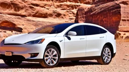 A Tesla's 'Model S Plaid' is parked, at Petra, in Jordan. CINEMATIC. WIDE ANGLE LENS.