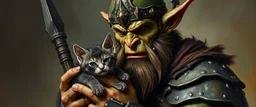 master oil painting by Rembrandt, fantasy orc soldier holding and petting an ugly kitten