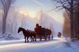 Peder Monk Monsted style, forest dirt road, one horse-drawn sleigh, winter