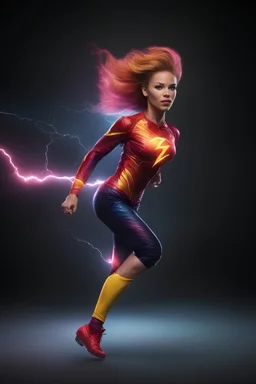 medium long shot, wide angle shot, full body, Barbie Allen aka The Flash, running, multicolored, atmospheric, beautiful, bright, vibrant colors, multicolored lightning, pitch-black background, Professional quality digital photograph, 4k UHD, Photorealistic, professional quality