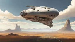 A Spacecraft, shaped like a passenger jet, without wings, hovering above a road in a ruined alien city, blue sky, white clouds