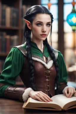 beautiful elf girl in a library