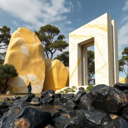 Un'immagine di un paesaggio naturale con marmi gialli, imponenti, accanto a strutture artificiali verticali e alberi. Queste strutture sembrano blocchi rettangolari, come colonne di grafite, che creano un contrasto tra il naturale e l'artificiale. Gabbia brutalista si erge solitaria. Persona osserva. bianco con venature e solchi. Magma liquido nero. La scena trasmette un senso di dialogo tra elementi organici. Dettagli degli specchi e delle rocce molto accentuati