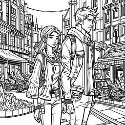 Cyberpunk style, coloring book page, cartoon modern style, couple love in city, whole couple view