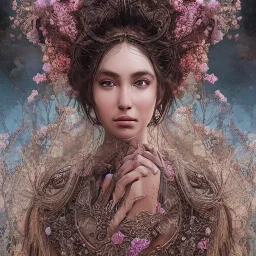 Insanely detailed photograph of an “portrait of gorgeous Greek goddess ” with intricate hair, intricate embroidered dress, beautiful clear face and hyperdetailed painting by Ismail Inceoglu Huang Guangjian and Dan Witz CGSociety ZBrush Central fantasy art album cover art,8K, hdr, romantic, mysterious, ominous, flowers, jewelry, comfort, natural eyes, "arms open for embrace"