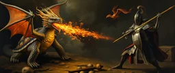 master oil painting by Rembrandt, good afternoon turtle dragon with fire breath against a knight with lance