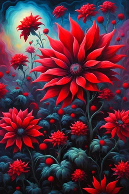 vibrant psychedelic oil painting image, airbrush, 64k, cartoon art image of background red and black dahia flowers, dystopian