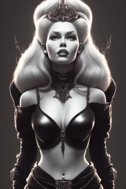 Brigitte Bardot as evil queen in black leather, leather, busty, cleavage, angry, stern look. character design by cory loftis, fenghua zhong, ryohei hase, ismail inceoglu and ruan jia. unreal engine 5, artistic lighting, highly detailed, photorealistic, fantasy.