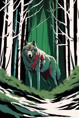 Wolf lurking through a forest. dynamic light, concept art, blue, green and red colors