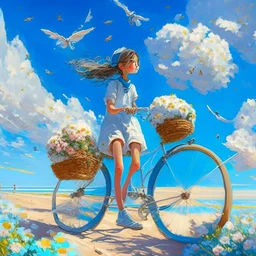 A girl is riding a bicycle on the beach. His cat is sitting in the front basket of the bicycle. Spring flowers can be seen everywhere. Beautiful blue sky with white clouds - kites in the sky. sense of peace. digital art, 8k, full details