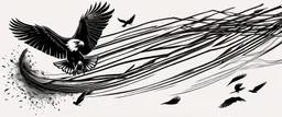 2 birds being chased through the air by an eagle, they each trail a graphic line behind them, and lost feathers, black on white vector