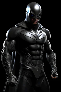 an extremely muscular superhero man wearing a black, skintight, formfitting cowl, a black, skintight, formfitting, Kevlar bodysuit, Silver Wrist Gauntlets, Silver Belt, Silver knee-high boots, black gloves, silver "M" logo on the chest, a mustache and goatee, black gloves, 32k UHD, Hyper Realistic, Photorealistic, realistic, life-like, real life, extremely detailed, extremely sharp, extremely vibrant, extremely colorful, Full color, professional quality, in the art style of Boris Vallejo