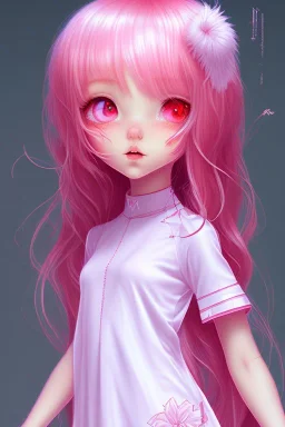 Loli wearing long nightgown, hands behind back, wholesome, innocent, long pink hair, tilted head