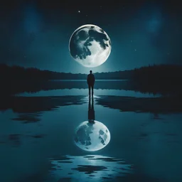 a man stands on the water in the middle of the lake, night, moon