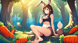 Girl, brown rabbit ears , brown rabbit tail, brown hair, open navel, forest, morning, carrot in hand, sit, , paws in feet.