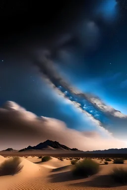 Una montaña en el desierto con nubes y estrellas de fondo.