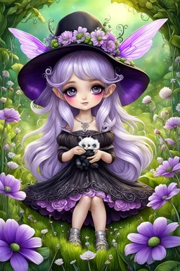 cute happy fairy girl with little wings and rounded ((purple eyes)), big long silver hair, sitting her nice hat a tiny black (kitty with green eyes) , chibi, 3d anime character, detailed, fantasy style, nice picture in the big meadow with pale colors flowers