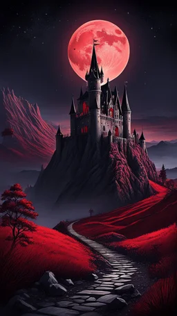 The Midnight Keep, Gothic Castle on the Red Bluffs, a crimson nightfall, stars, Red Full-Moon, red mountains and landscape,, gothic, haunting medieval vibes, crisp quality, beautifully lit