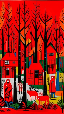 A red forest with tribal huts painted by Stuart Davis