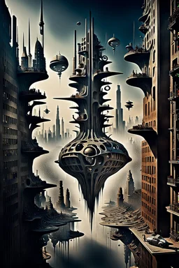 a stunningly weird image of a futuristic metropolis using Salvador Dali's paranoiac-critical method, where buildings and structures appear to melt into the skyline cityscape is filled with floating mad, twisted sharp metal shapes that interact with the buildings and each other, forming a surreal tableau of a dreamlike reality. neu-steampunk vibe, essence of the scene in a cinematic manner, with dramatic shadows that enhance the distorted perspectives and bizarre