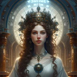 hyperrealistic woman with black eyes, white skin, long curly brown hair from the front, inside a circle, epic royal background, big royal uncropped crown, royal jewelry, robotic, nature, full shot, symmetrical, Greg Rutkowski, Charlie Bowater, Beeple, Unreal 5, hyperrealistic, dynamic lighting, fantasy art