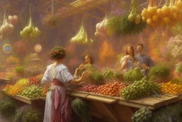 a greengrocer in colorful palma de mallorca street, 1993, spanish mediterranean sea, waterfront, alphonse mucha, greg rutkowski, matte painting, vplumetric lighting, volumetric clouds, maya render, hyper detailed, 8k, uhd, exaggerated colors, fantasy art, felix kelly, seb mckinnon, jessada sutthi, boris vallejo, lin chen