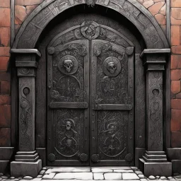 [illustration in the la ligne claire style by Grzegorz Rosiński] Ahead, an archway of fused bone and skulls frames an ancient iron door etched with strange, angular sigils. The air smells of old blood and something… burnt.