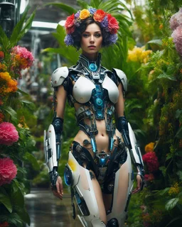 Full length picture photography realistic pretty woman super model in custom humanoid full body futuristic robotic mechanicals flowers plants weird MAYA RICH goddess, COLORFUL