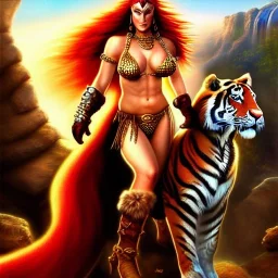 ultra detailed fullbody portrait of beautiful Red Sonja riding a Giant Tiger , extremely detailed digital painting, intrincate, extremely detailed face,crystal clear Big eyes, in the style of Simon Bisley, mystical colors , perfectly centered image, perfect composition, rim light, beautiful lighting,8k, stunning scene, raytracing